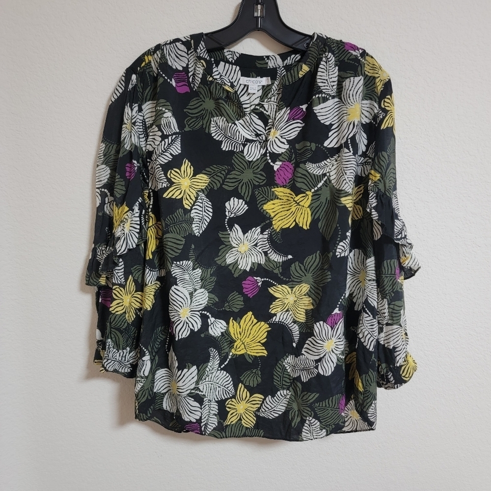 Chico's Floral Ruffle Sleeve Blouse
